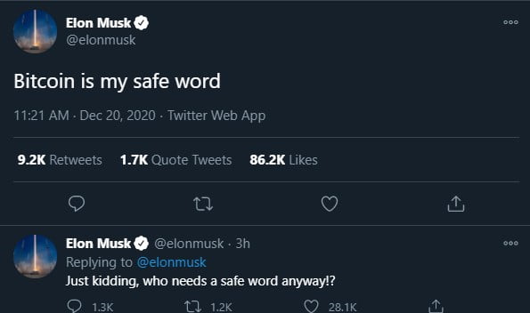 Bitcoin (BTC) is my 'Safe Word', Just Kidding - Elon Musk 13