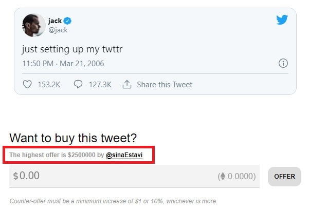 Jack Dorsey mettra fin à la vente aux enchères Ethereum NFT de son premier Tweet le 21 mars 16