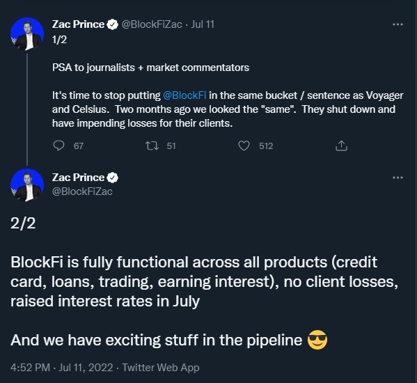 BlockFi Should Not be Mentioned Alongside Crisis-Hit Voyager and Celsius Network, Says CEO 2