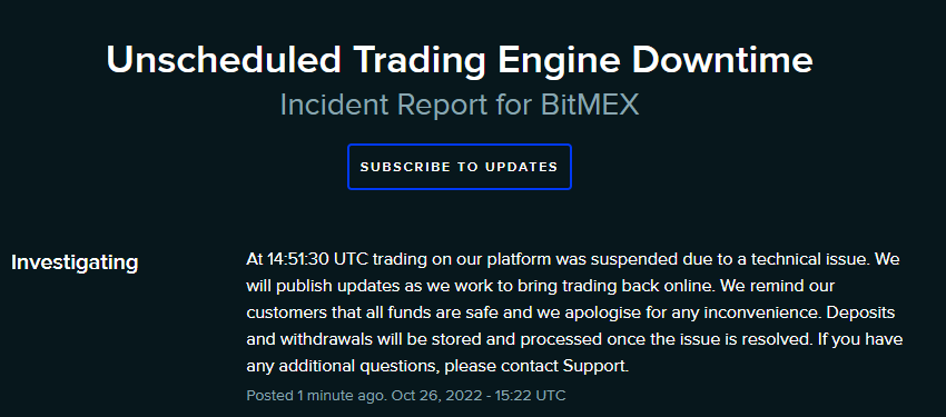 속보: BitMex 거래 엔진이 다운타임을 경험함, 비트코인이 $21,000 미만 10