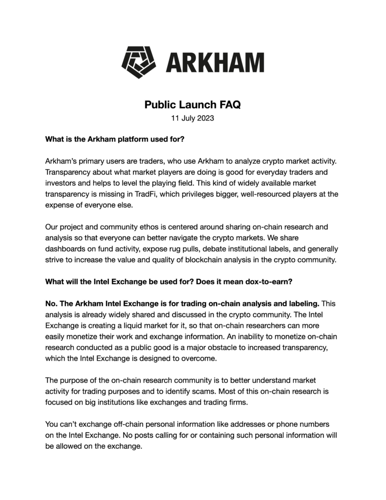 Arkham's Exchange Will Not Support Off-Chain Intel Trading, Company Speaks On "Dox-To-Earn" Concerns 14